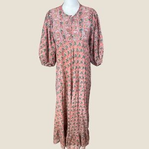 Marea size 2 Pink & Green cotton block print Ruffled Tiered Maxi‎ Dress